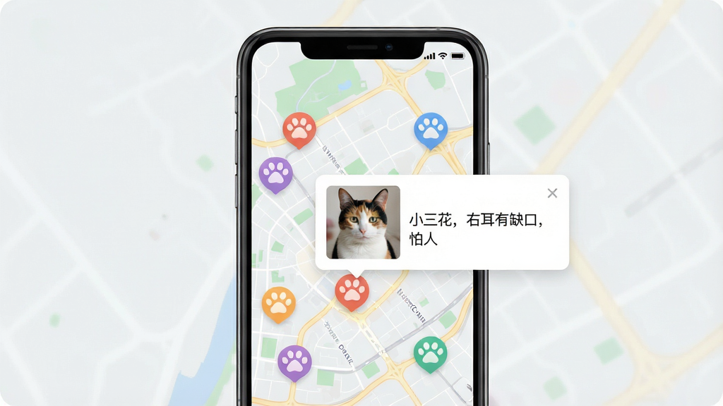 һ���ֻ�App�����ͼ����ͼƬ��չʾ��;è���ĵ�ͼ��ǹ��ܡ�����������һ���ֻ�����Ļ����ʾ��һ�ų��е�ͼ����ͼ���м�����ͬ��ɫ��èצͼ���ǵ㣬�������һ��ͼ�꣬����һ����Ϣ��Ƭ����Ƭ����һֻ����è����Ƭ���Ա�д�š�С�������Ҷ���ȱ�ڣ����ˡ������־��У������Ǹɾ���ǳ��ɫ������ִ���ƽ����ϸ����èצͼ��ҪԲ��ɰ��������������޶���Ԫ�ء�
