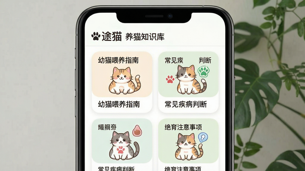 һ�š�;è��App֪ʶ��ҳ����ֻ���ͼ���ͼƬ������������һ�������ֻ�����Ļ�Ϸ�����Ϊ����è֪ʶ�⡱���·������ż���ͼ�Ĳ�ï�Ŀ�Ƭ����Ƭ����ֱ��ǡ���èι��ָ�ϡ��������������жϡ���������ע����������ּ�࣬�Ű����룬���������Ȼ��ϸ���Ͽ�ƬԲ����ƣ���ͼ�ǿɰ���è��廭�����ʸɾ����޶���Ԫ�ء�