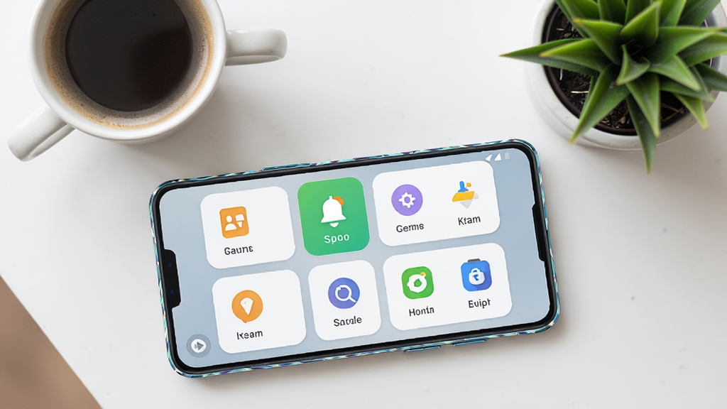 һ����׿�ֻ�����������ϣ���Ļ��ʾ����App�Ĺ��ܾۺϽ��棬�������ж��Բ�Ǿ��ο�Ƭ�ֱ��ע�Ų�ͬ����ͼ�꣬�ֻ��Ա߷���һ�����Ⱥ�һ��С��ֲ������Ϊ���ӽǶȣ�������������ϸ�����ֻ��߿�����΢���⣬��������ͨ͸���޶�������