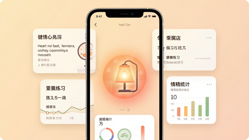 һ��չʾ Heart Lamp Ӧ�ú��Ľ����ͼƬ��������һ�������ֻ�����Ļ����ʾ����͵�ůɫ���ƹ���棬�м���һ�������̨��ͼ�꣬��Χ�����������ռǡ�������ϰ������ͳ�Ƶȿ�ƬԪ�أ����ּ���������Ű�������£������ܰ������ϸ���ϵƹ��н�������У����ʸ���ɾ����޶���Ԫ��