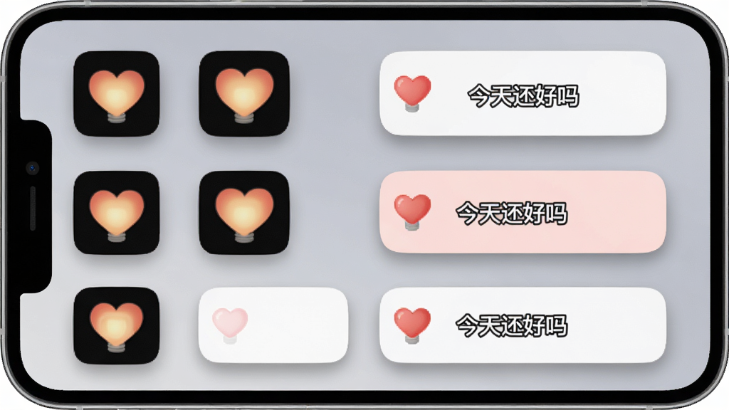 һ��չʾ Heart Lamp ����С������ܵ�ͼƬ��������һ���ֻ�������Ļ����Ļ�������ż�����ͬ�ߴ�� Heart Lamp С������з��ε�С��ͼ�꣬Ҳ�г����εĽ������鿨Ƭ����Ƭ��д�š����컹���𡱣���������͵�ǳ��ɫ��ֽ������Ϊ�������У����ɾ���ˬ��ϸ����С�������΢����Ӱ��Բ�ǣ����ʸ����޶���Ԫ��