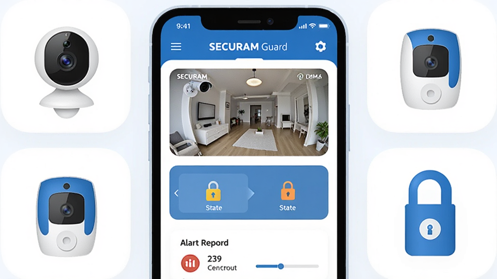 һ��չʾSECURAM GuardӦ���������ͼƬ�������������ֻ���Ļ����Ļ����ʾ�ż�ͥ�����Ǳ��̣�������ͷ���桢����״̬�ͱ�����¼���ֻ���Χ��������������ͷ���ŴŴ�����������������ͼ�꣬���岼�����������ÿƼ����Ͱ�ɫΪ�����ִ���ƽ���ϸ��Բ�󣬻��ʸɾ����޶���Ԫ��