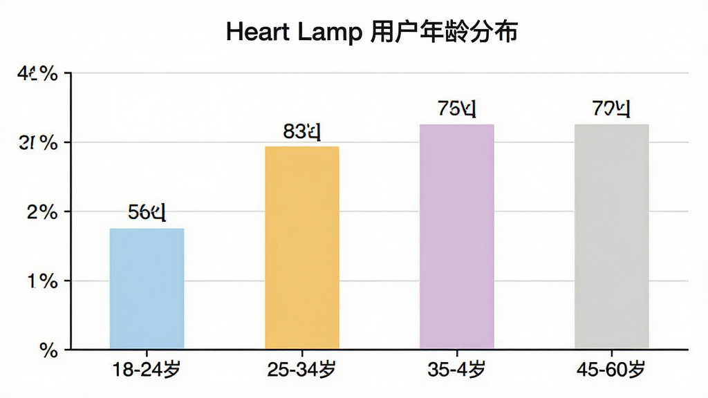 һ��չʾ Heart Lamp �û�����ֲ�����״ͼͼƬ��ͼ������Ϊ��Heart Lamp �û�����ֲ���������Ϊ18-24�ꡢ25-34�ꡢ35-44�ꡢ45-60���ĸ�����Σ�����Ϊ�û�ռ�Ȱٷֱȣ�������ɫ�ֱ�Ϊǳ����ů�ơ����ϡ�ǳ�ң������Ϸ���ע������ֵ������Ϊ������״ͼ��������ִ���ϸ�����������������������ʸɾ��޶���Ԫ��
