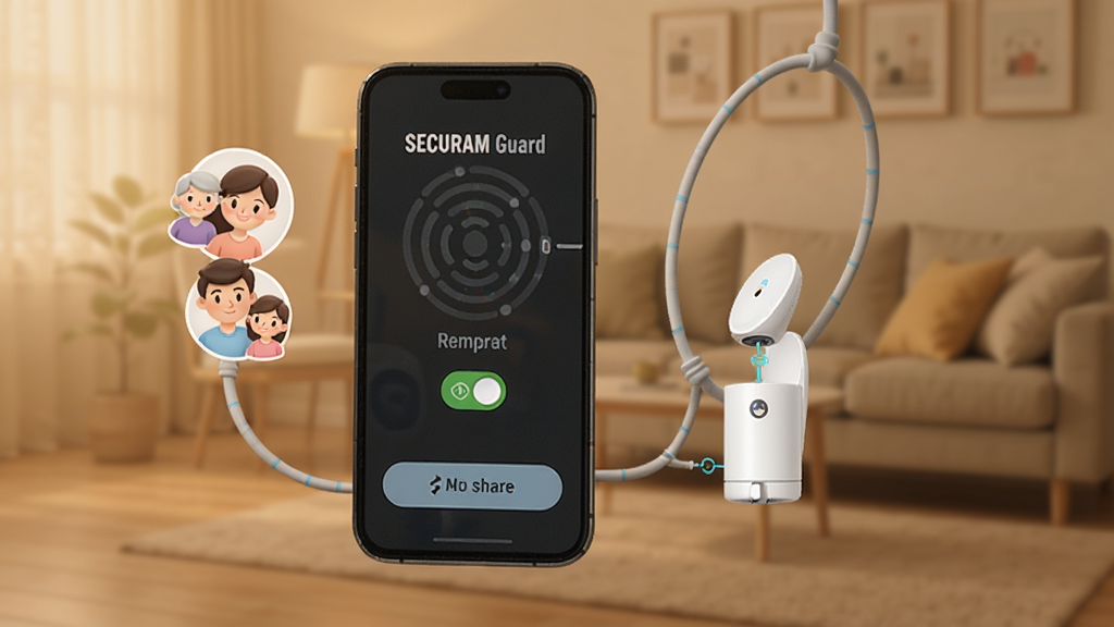 һ��չʾSECURAM GuardԶ�̿�����������ܵ�ͼƬ���������ֻ���Ļ����ʾ��Զ�̿��ƽ��棬�в������غͷ�����ť���ֻ��Ա��м��˵�ͷ��ͼ��������豸�����ߣ���������ܰ�ļ�ͥ�����������ů�Ƽ��У��Ű��࣬���ʸɾ����޶���Ԫ��