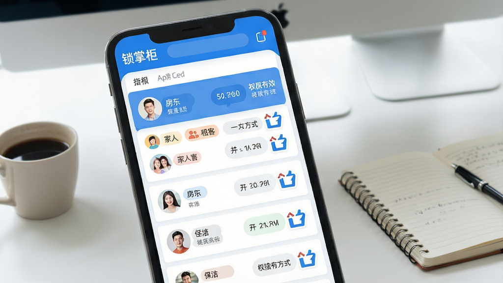 һ��չʾ�����ƹ�App�û����������ͼƬ����Ļ����һ���б���ÿ���û�ͷ���Ա߱�ע�š��������������ˡ�������͡��������ࡱ�ȱ�ǩ���Լ���Ӧ��Ȩ����Ч�ںͿ�����ʽͼ�ꡣ������Ƽ�࣬��Ϣ�㼶����������ɫ�Ͱ�ɫΪ��ɫ���������Ǽ��İ칫���棬��һ�����ȺͱʼǱ�������������У����ʸɾ���ϸ�ڷḻ��������Ԫ�ء�