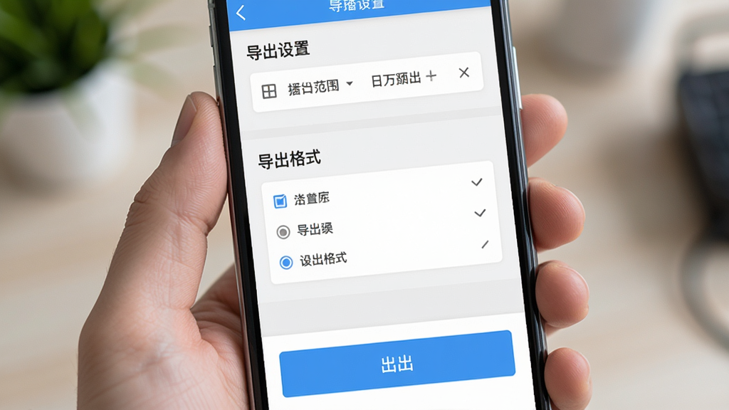 沓沓商家APP数据导出功能展示 主体是手机屏幕显示导出设置页面 布局上方是日期范围选择器 中间是导出格式选项 下方是导出按钮 风格简洁实用 配色清爽 细节清晰 画质干净 无多余元素