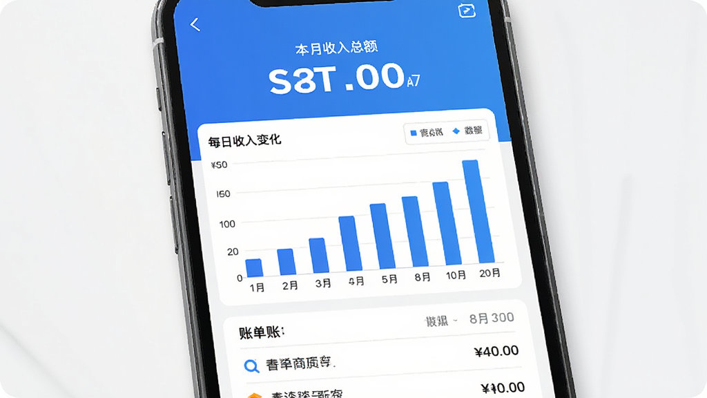 沓沓商家APP账单统计页面 主体是手机屏幕展示数据图表 布局上方是本月收入总额大数字 中间是柱状图显示每日收入变化 下方是账单列表 风格简洁商务 配色以蓝白为主 细节清晰 画质干净 无多余元素