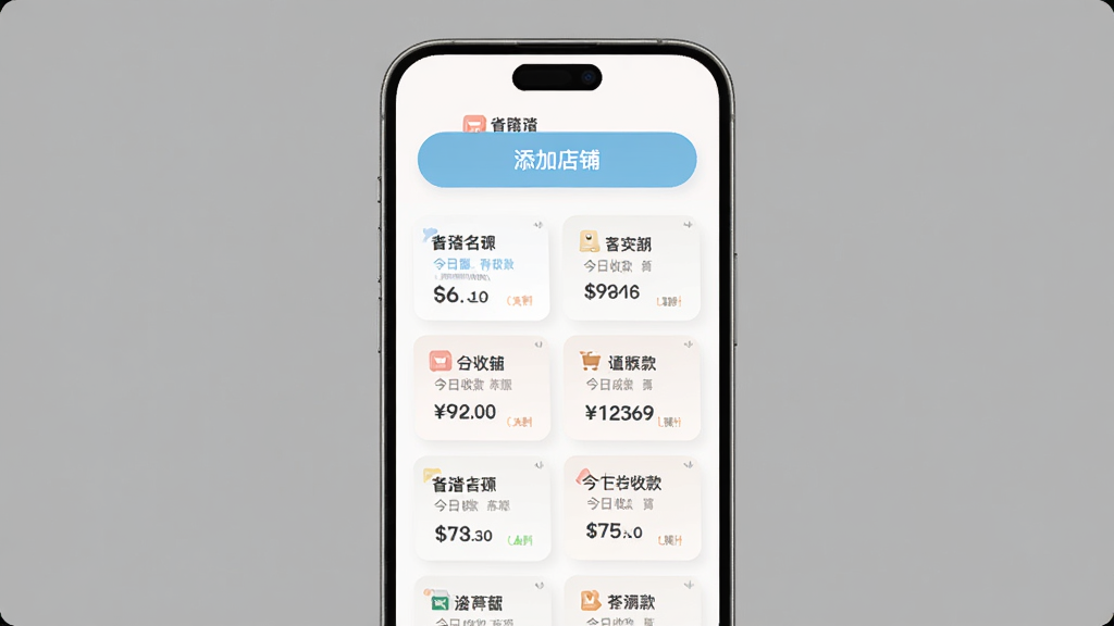 沓沓商家APP多店铺管理界面 主体是手机屏幕显示店铺列表 布局上方是添加店铺按钮 中间是已创建的店铺卡片 每张卡片显示店铺名称和今日收款金额 风格扁平化设计 配色柔和 细节圆润 画质干净 无多余元素