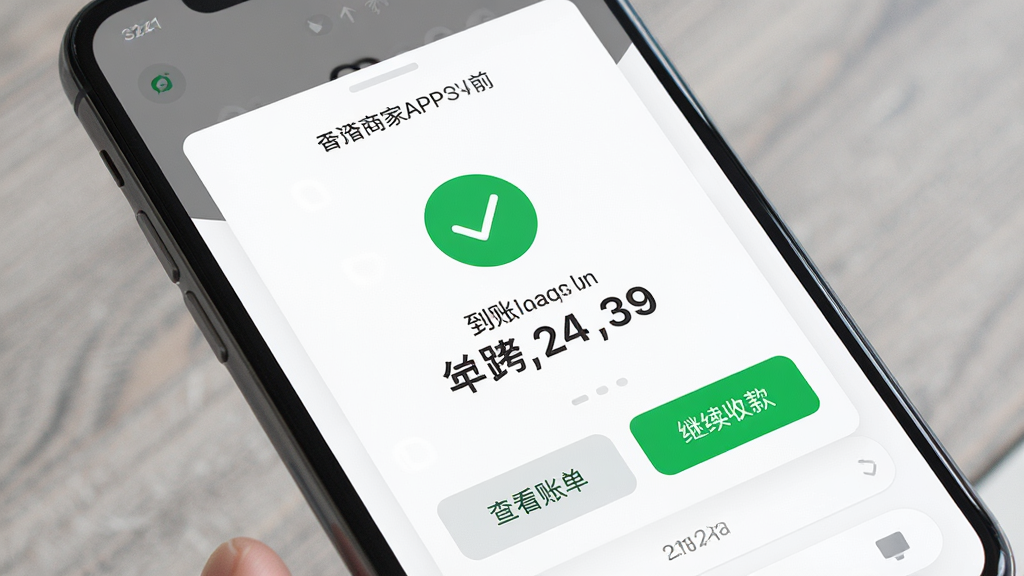 沓沓商家APP收款界面特写 主体是手机屏幕显示收款成功页面 布局中央是绿色对勾图标和到账金额数字 上方显示收款时间 下方有查看账单和继续收款两个按钮 背景是白色卡片式设计 风格清爽现代 细节精致 画质干净 无多余元素