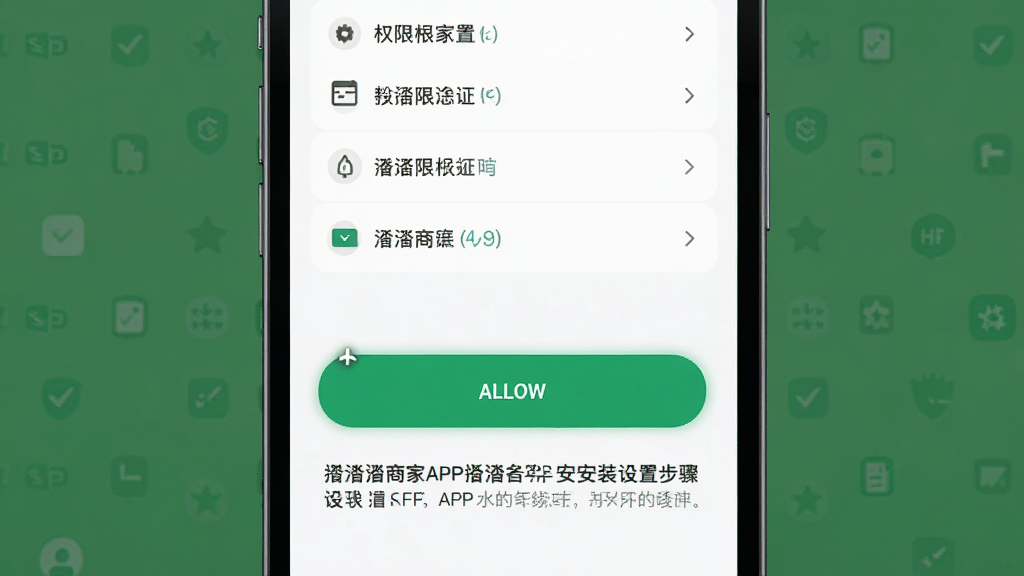 沓沓商家APP安装设置步骤示意图 主体是手机屏幕展示权限设置页面 布局上方是权限列表 中间是高亮的允许按钮 下方是说明文字 风格教程类截图 配色清晰 细节明确 画质干净 无多余元素