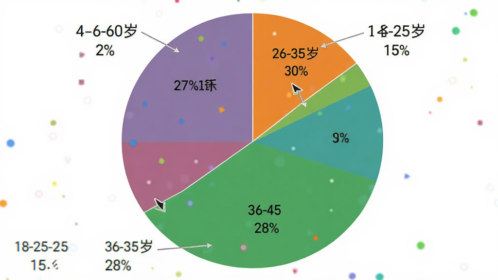 沓沓商家用户年龄分布饼状图 主体是圆形饼图 布局中央显示不同颜色扇区 标注18-25岁占比15% 26-35岁占比30% 36-45岁占比28% 46-60岁占比27% 风格数据可视化 配色鲜明 细节清晰 画质干净 无多余元素