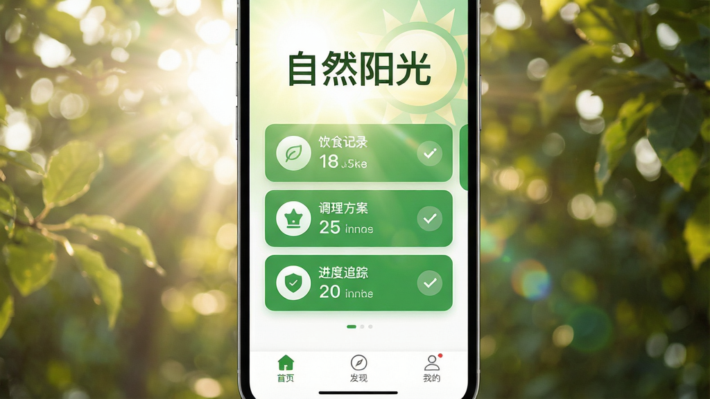 һ���ֻ���Ļչʾ��������App�������棬������������������Ȼ��Ч�����涥����ʾ����Ȼ���⡱�ĸ����֣��м�����ɫ�Ľ������ݿ�Ƭ��������ʳ��¼����������������׷������ͼ�꣬�ײ�����ҳ�����֡��ҵ�����ѡ���������������Ȼ����ɫ�Ͱ�ɫΪ��ɫ�������������⴩͸��Ҷ�Ĺ�ߣ����ʸɾ����޶���Ԫ��