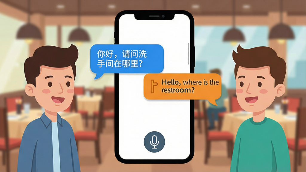 һ��չʾChmu Translateʵʱ�Ի����빦�ܵ���ϸ����ͼ��������������ͨ���������վ�ţ��м�������һ���ֻ���Ļ����Ļ����ʾ�Ի����ݣ�������������ġ���ã�����ϴ�ּ�����������ұ�������Ӣ�ġ�Hello, where is the restroom?����������ģ���Ĳ�������������Ϊ���ҶԳƣ��ֻ����зŴ��Ű�������Ȥ�����Ϊ��ƽ��ͨ�廭��ϸ������������Ѻã�������ɫ�������ԣ��ֻ���������˷�ͼ�ꣻ���ʸ��壬�ɾ��޶���Ԫ�ء�