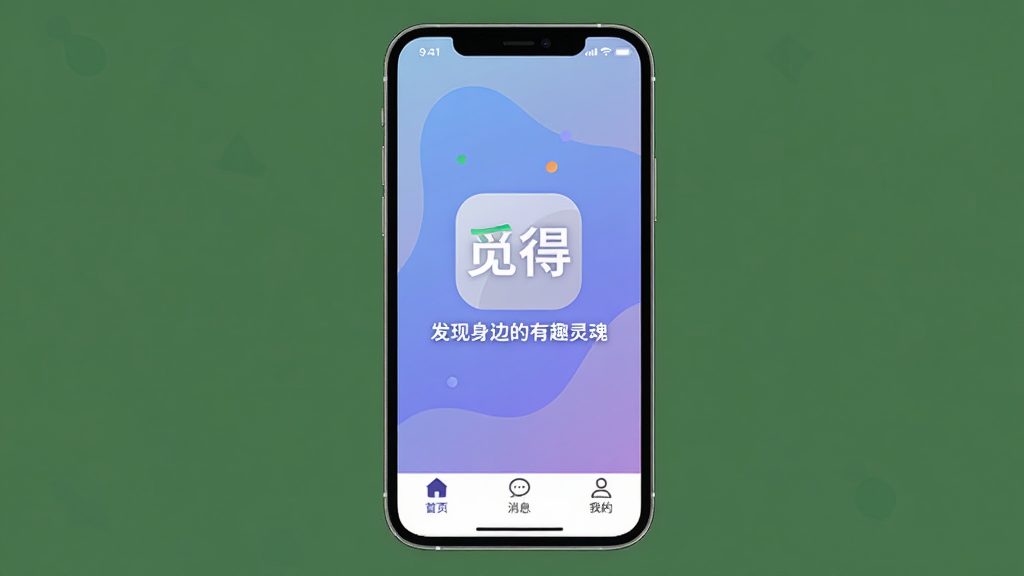 �ٵ�App������չʾ���ֻ���Ļ������ʾ�ٵ�Logo�͡��������ߵ���Ȥ��ꡱ�����������͵Ľ�������ɫ�����沼�ּ�࣬�ײ��С���ҳ������Ϣ�����ҵġ�����ͼ�꣬�������ִ���ƽ�����ʸɾ����޶���Ԫ��
