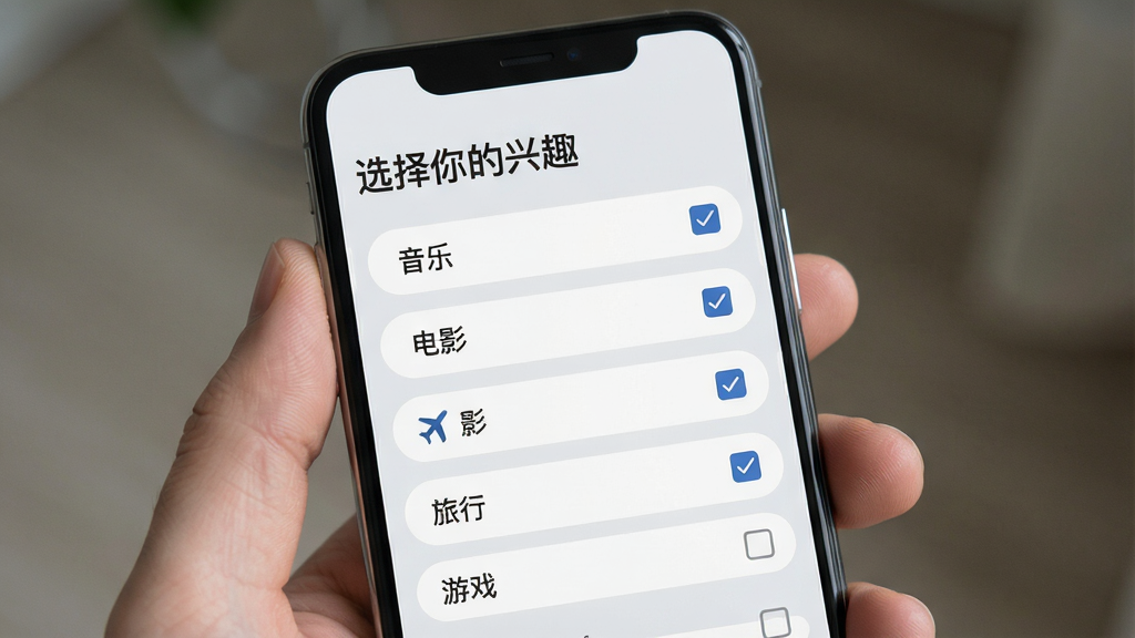 �ٵ�App����ƥ����棬�ֻ���Ļ��ʾ�û���Ȥ��ǩѡ��ҳ�棬��ǩ���������֡�����Ӱ�������С�����Ϸ���ȣ�ÿ����ǩ�Ա��й�ѡ�򣬱�����ǳ��ɫ�������С�ѡ�������Ȥ�����⣬��������£����ʸɾ�