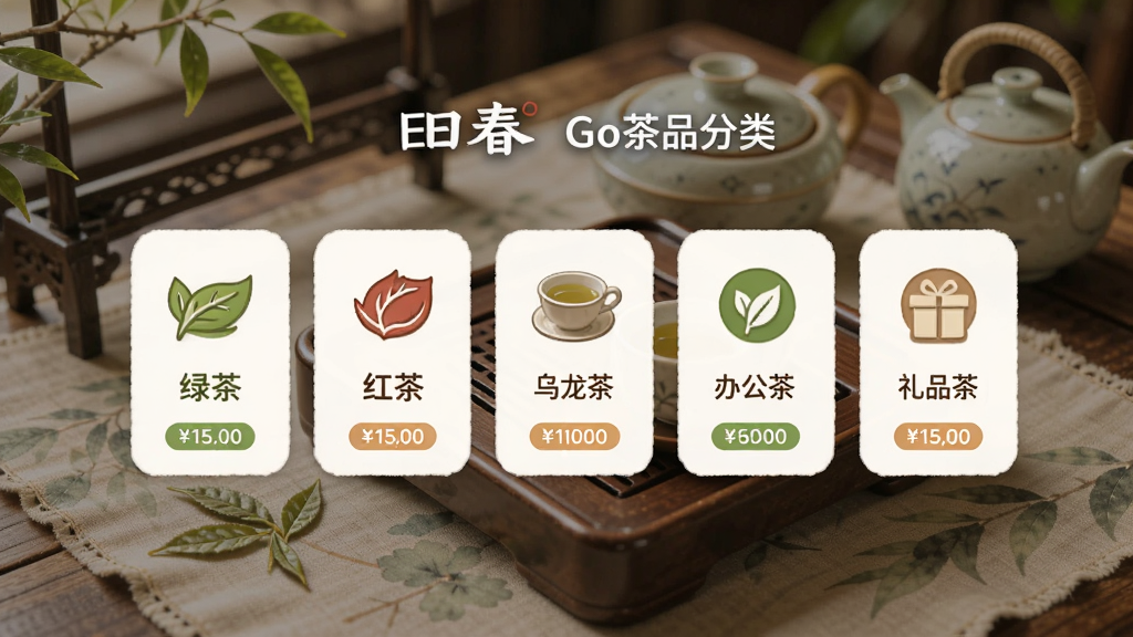 �մ�Go��Ʒ���ർ�����棬�ֻ���Ļ��ʾ�����ķ����ǩ���̲衢��衢�����衢�칫�衢��Ʒ�裬ÿ����ǩ���ж�Ӧ�Ĳ�Ҷͼ��ͼ۸����䣬����Ϊ���ŵĲ�ϯ���ã�����ƽ����ƣ�ϸ��Բ�󣬻��ʸɾ��޶���Ԫ��