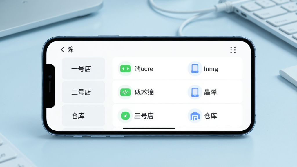 一张展示云眸企业多设备管理功能的图片,画面中一部手机横屏放置,屏幕里显示设备列表,左侧是分组名称如“一号店”“二号店”“仓库”,右侧是每个设备的状态图标和名称,背景是浅蓝色办公桌面,风格简洁科技感,画质清晰干净,无多余元素
