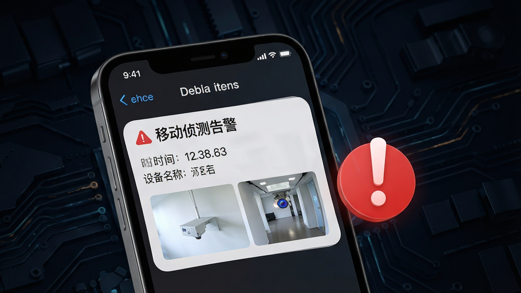 一张展示云眸企业告警推送功能的图片,画面中手机屏幕显示一条告警通知,上方是“移动侦测告警”字样,下方是告警时间、设备名称和缩略图,手机旁边有一个红色感叹号图标,背景是深色科技风格,画质清晰干净,无多余元素