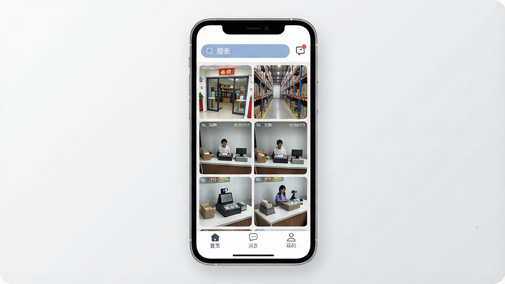 一张展示云眸企业APP整体面貌的图片,画面中央是手机屏幕,屏幕内显示云眸企业APP的主界面,界面顶部有搜索栏和消息图标,中间是九宫格视频监控画面,分别显示店铺门口、仓库内部、收银台等实时画面,底部有首页、消息、我的三个选项卡,背景是干净的浅灰色渐变,风格现代扁平,细节圆润,画质清晰干净,无多余元素