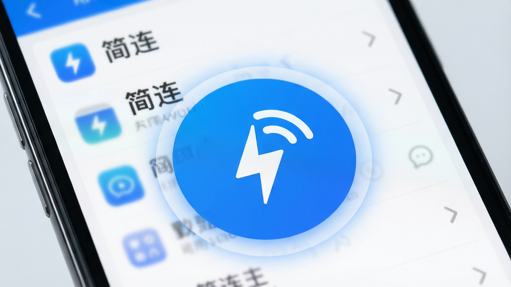 一张“简连”应用一键连接功能的特写图,画面主体是一部手机,屏幕上“简连”应用显示一个巨大的蓝色圆形按钮,按钮内部有白色的闪电符号和WiFi弧线,按钮周围有淡淡的光晕效果,背景是模糊的可用网络列表,整体风格科技感十足但保持简洁,画质干净,无多余元素