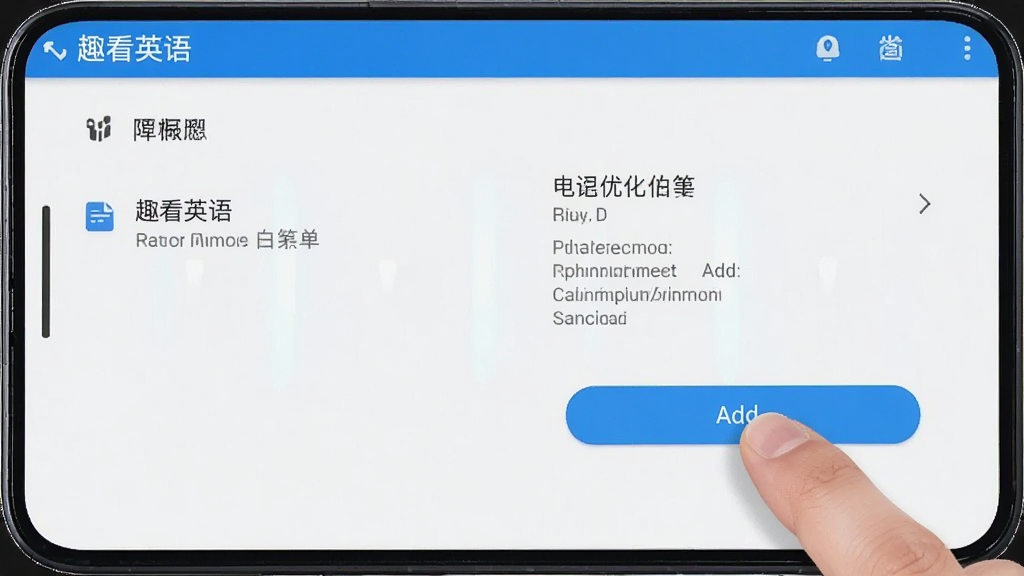 趣看英语安卓手机安装设置界面,展示权限管理和电池优化白名单选项,手指正在点击添加按钮,风格科技感,画质清晰干净