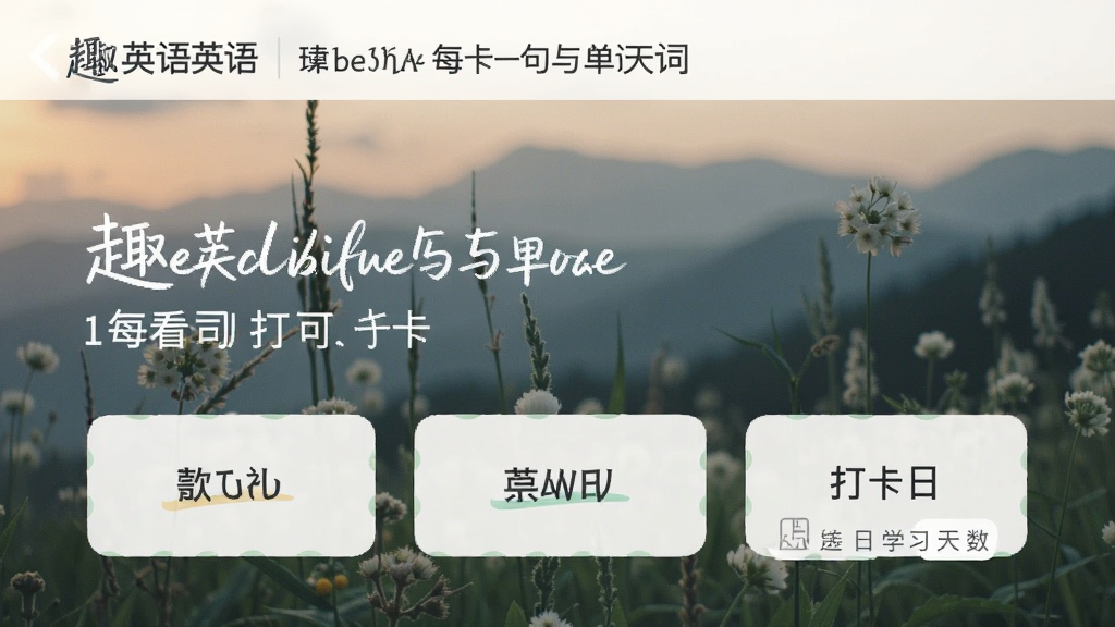 趣看英语每日一句与单词打卡界面,展示精美壁纸和单词卡片,打卡日历显示连续学习天数,风格清新文艺,画质干净无多余元素