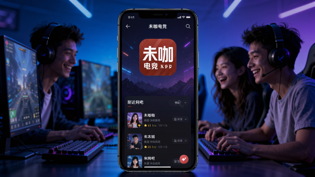 һ��չʾδ���羺APP�������ͼƬ�������������ֻ���Ļ����Ļ����ʾδ���羺��LOGO�͸��������б��������Ǽ��������˿��Ŀ��ڵļ�Ӱ������ִ��Ƽ��У�����ɫ��Ϊ����ϸ�����������ʸɾ��޶���Ԫ�ء�