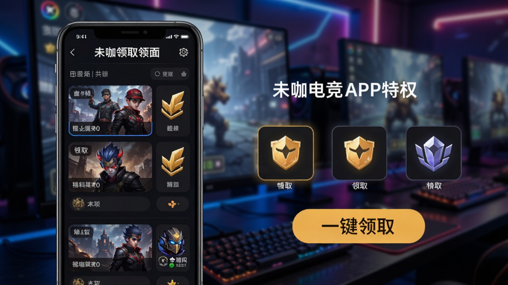 һ��չʾδ���羺APP��Ȩ��ȡҳ���ͼƬ�������������ֻ���Ļ����Ļ����ʾ��Ϸ�б�������ȡ����Ȩͼ�꣬�Ա��С�һ����ȡ����ť�����������ɵ�����Ļ���黯Ч���������Ϸ����ɫ�����ޣ����ʸɾ���