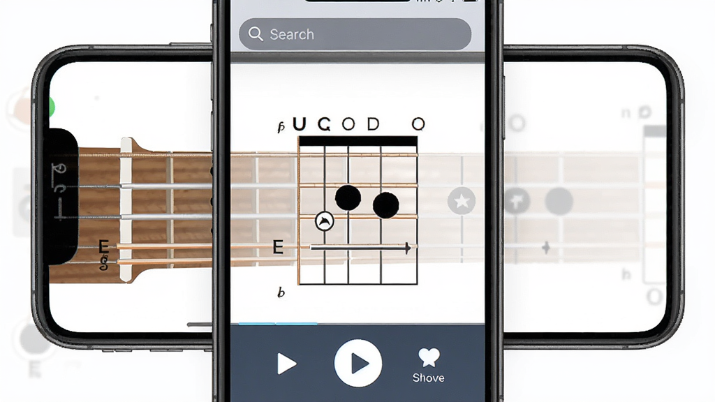 һ��չʾDeepChords�������Ľ����ͼƬ���������ֻ���Ļ��ʾ����ָ��ͼ������Ϊ�������������м��ͼ���Ұ���ʾ�⣬�ײ��в��Ű�ť���ղ�ͼ�꣬�Ű������죬���Ϊ�ִ���ƽ����ƣ�ϸ�������Һ�Ʒλ������������ʸ���ɾ��޶���Ԫ��