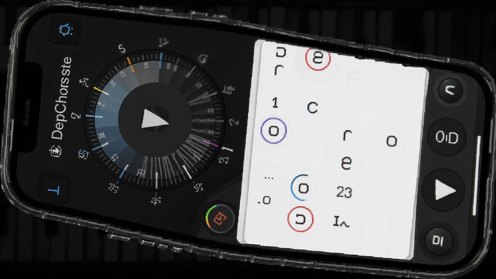 һ��չʾDeepChords����������ҽ�����ϰ���ܵ�ͼƬ���������ֻ���Ļ��ʾ������ת�̺ͺ��ҽ����б�������Ϊ�Ϸ��������·����ҿ�Ƭ���Ű��������У����������ϰ�磬ϸ�����ٶ���ֵ�Ͳ��Ű�ť���������ʸ����޶���Ԫ��