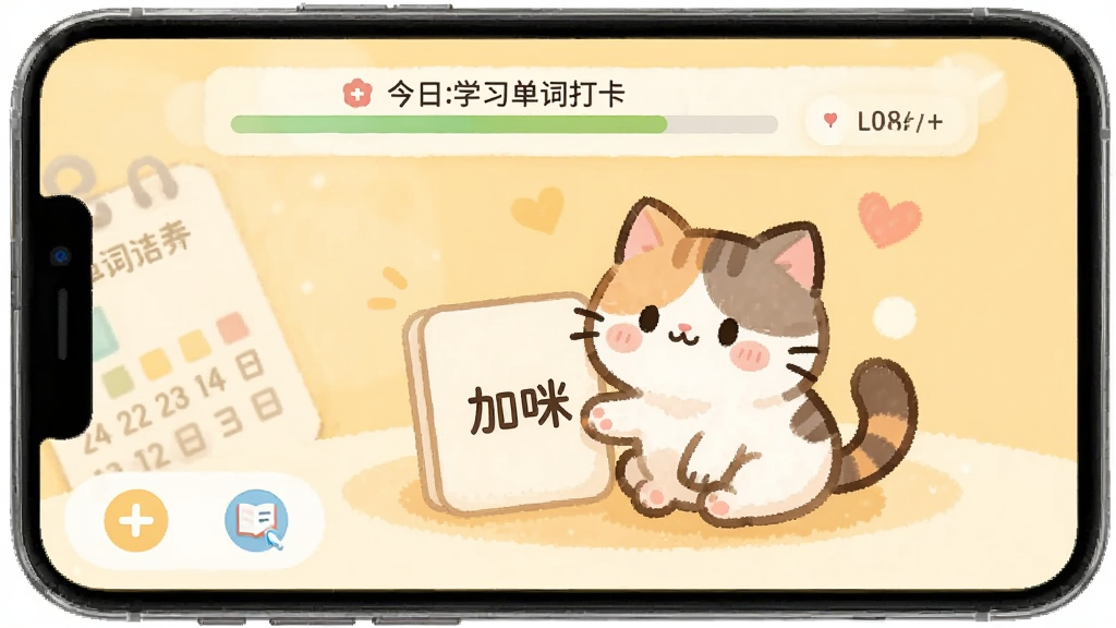 ���䵥�ʴ� �ֻ�Ӧ���������ͼ��һֻ�ɰ��Ŀ�ͨè�����ڵ��ʿ�Ƭ�Աߣ���������͵�ů��ɫ�����涥����ʾ����ѧϰ���������·������Ŵ������͵��ʱ�ͼ�꣬����������������ʸɾ��޶���Ԫ��