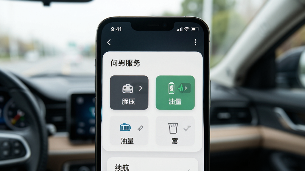 一张展示车辆状态实时监测界面的手机截图,画面主体是一部手机,屏幕上显示“问界服务”的车辆状态卡片,包含胎压、油量、续航和车窗状态图标,背景是车内视角的虚化处理,排版简洁,风格科技感,画质清晰干净,无多余元素。