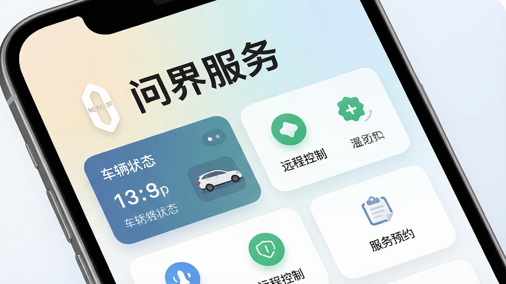 一张展示问界服务App核心界面的手机屏幕特写,画面主体是一部现代智能手机,屏幕上显示着“问界服务”四个大字标题,下方布局着车辆状态卡片、远程控制图标和服务预约入口,背景是浅色渐变风格,排版清晰整洁,采用扁平化UI设计风格,细节圆润,画质高清干净,无多余元素。