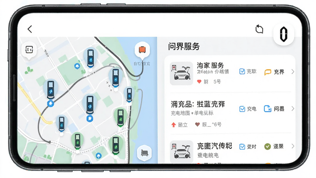 一张展示问界服务App内充电地图与官方资讯页面的手机界面,画面主体是手机屏幕,左侧显示地图上的充电桩图标,右侧是资讯列表,顶部有“问界服务”标识,风格简洁现代,布局清晰,画质干净明亮,无多余元素。