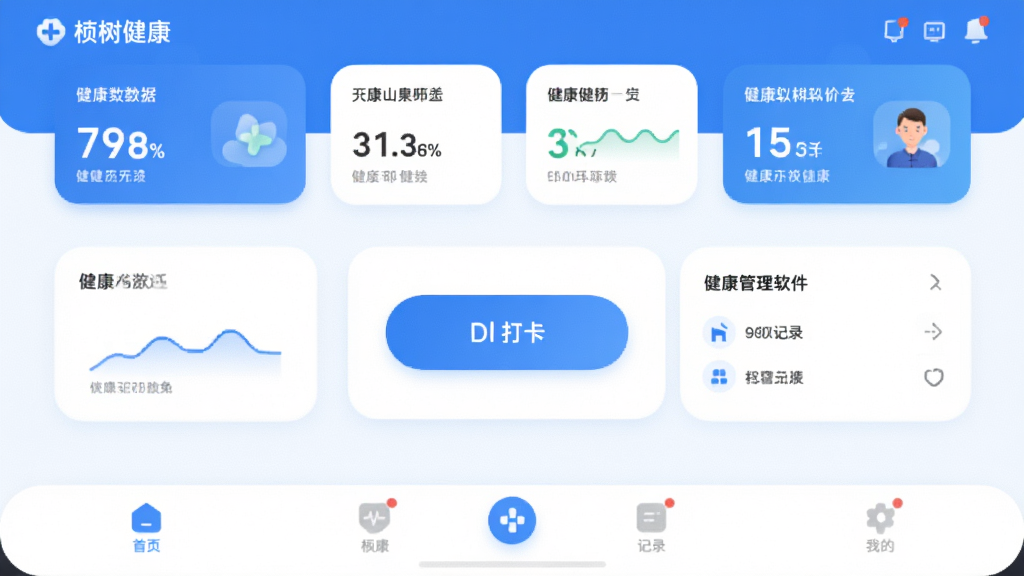 祯树健康 健康管理软件主界面 简洁清爽 蓝白配色 顶部显示健康数据卡片 中间是打卡按钮和记录入口 底部导航栏清晰 风格扁平圆润 画质干净无多余元素