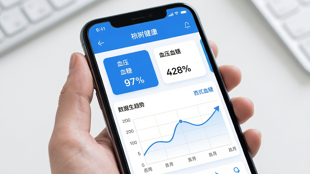祯树健康 数据记录界面 手机屏幕显示血压血糖体重卡片 下方是折线趋势图 画面简洁 蓝白配色 数据清晰 画质干净