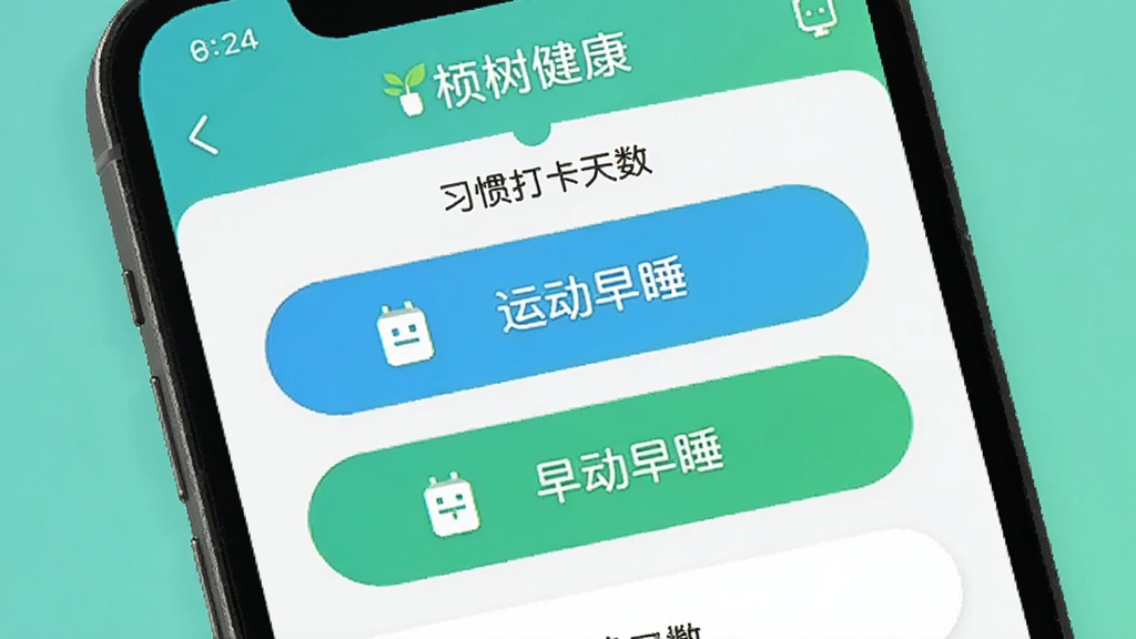 祯树健康 习惯打卡界面 手机屏幕显示喝水运动早睡打卡按钮 有连续打卡天数提示 风格活泼 蓝绿配色 画质干净