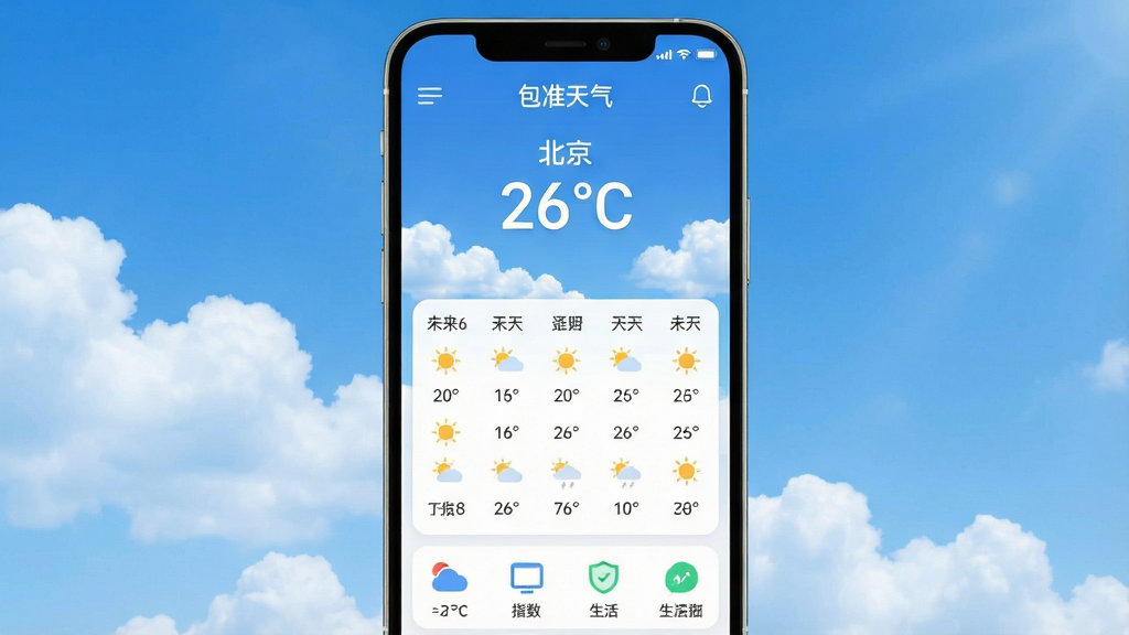 一张手机屏幕展示天气应用主界面的图片,画面中央是“包准天气”应用界面,顶部显示城市名称“北京”和温度“26°C”,背景是晴朗的蓝天白云,中部有未来6天的天气预报列表,底部有生活指数图标,整体布局清晰简洁,风格现代扁平化,细节圆润,画质干净无多余元素,色彩以蓝白为主,文字清晰可辨。