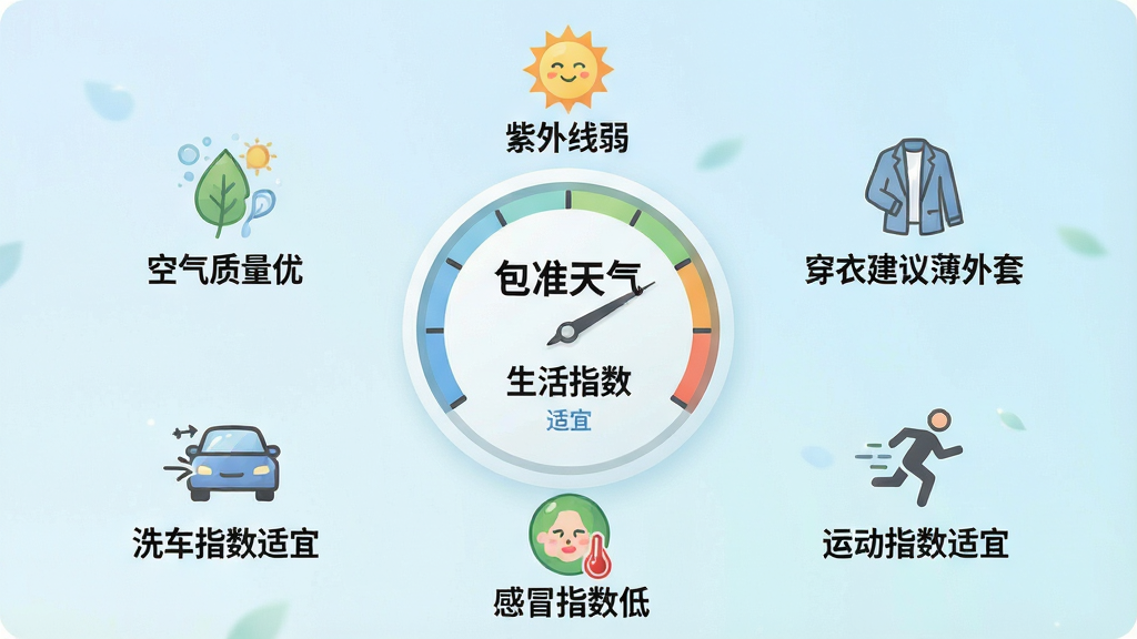 一张信息图表风格的图片,展示“包准天气”的生活指数面板,画面中央是一个圆形表盘,周围环绕着六个小图标分别代表“空气质量优”、“紫外线弱”、“穿衣建议薄外套”、“洗车指数适宜”、“感冒指数低”、“运动指数适宜”,每个图标下方有对应文字说明,背景是柔和的浅蓝色渐变,风格清新自然,画质干净无杂乱元素。