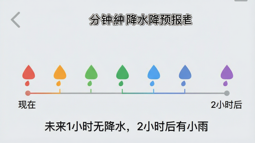 一张手机界面截图,展示“包准天气”的分钟级降水预报功能,画面中有一条时间轴从“现在”延伸到“2小时后”,时间轴上方有不同颜色的雨滴图标表示降雨强度,下方是文字说明“未来1小时无降水,2小时后有小雨”,背景是浅灰色,整体风格简洁直观,文字清晰,画质干净。
