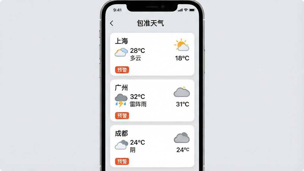 一张手机界面展示“包准天气”的多城市管理页面,画面中有三个城市卡片纵向排列,分别是“上海 28°C 多云”、“广州 32°C 雷阵雨”、“成都 24°C 阴”,每个卡片右侧有天气图标和温度,卡片下方有“预警”标签,背景是浅灰色,布局清晰,风格简约,画质干净。