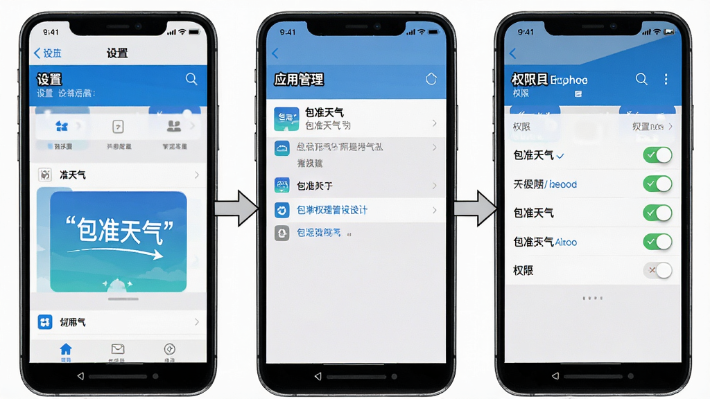 一张操作步骤示意图,展示在手机设置中为“包准天气”开启权限的流程,画面分为三格,第一格是“设置”界面,第二格是“应用管理”找到“包准天气”,第三格是权限开关全部打开,背景是手机系统界面,风格写实,画质清晰,文字用引号标注“包准天气”。