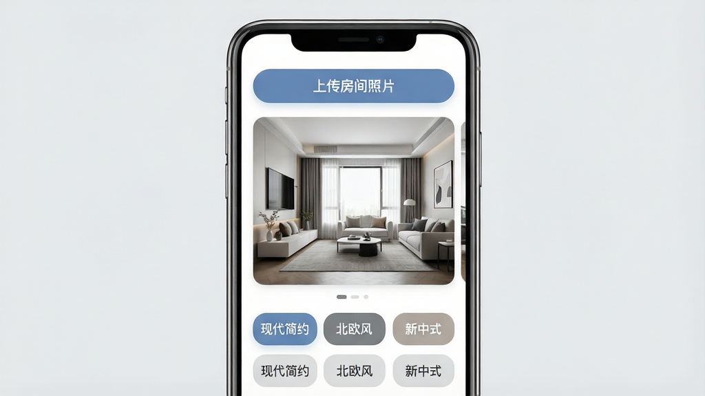 一张展示Deep装修设计AI软件核心界面的图片,画面中央是手机屏幕,屏幕内显示Deep装修设计AI的主界面,上方有“上传房间照片”的按钮,中间区域展示了一张现代简约风格的客厅效果图,下方排列着“现代简约”“北欧风”“新中式”等风格选项按钮,背景是浅灰色,整体布局简洁清晰,风格现代扁平化,细节圆润,画质干净无多余元素