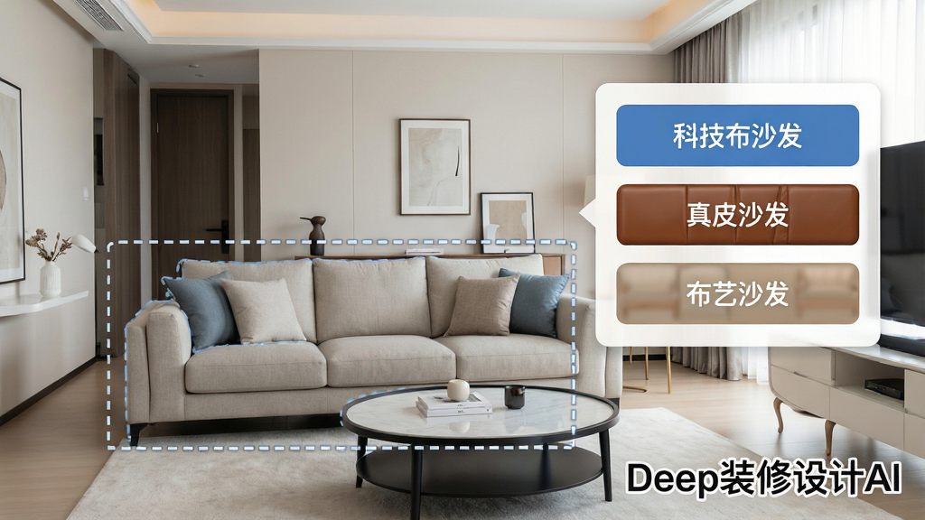 一张展示Deep装修设计AI局部改造功能的图片,画面中是一张客厅照片,其中沙发区域被虚线框选中,旁边弹出家具替换选项面板,面板上有“科技布沙发”“真皮沙发”“布艺沙发”等按钮,画面右下角有“Deep装修设计AI”的文字标识,背景是浅色系,整体布局突出局部编辑功能,风格简洁实用,细节清晰,画质干净无多余元素