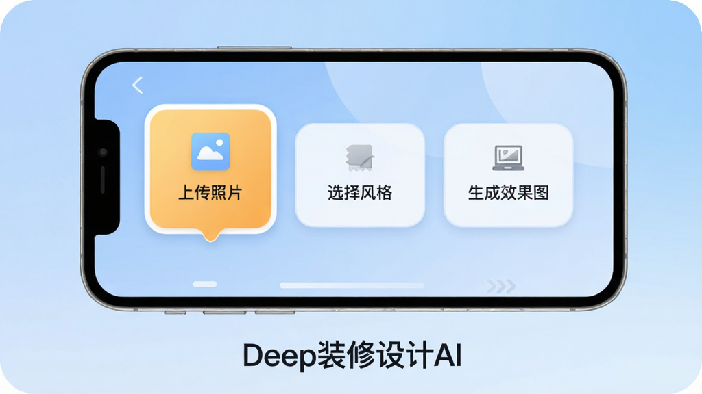 一张展示Deep装修设计AI操作界面的图片,画面中手机屏幕显示软件的操作步骤引导页,第一步“上传照片”高亮显示,第二步“选择风格”和第三步“生成效果图”依次排列,屏幕下方有“Deep装修设计AI”的文字标识,背景是柔和的蓝色渐变,整体布局清晰直观,风格友好易用,细节圆润,画质干净无多余元素