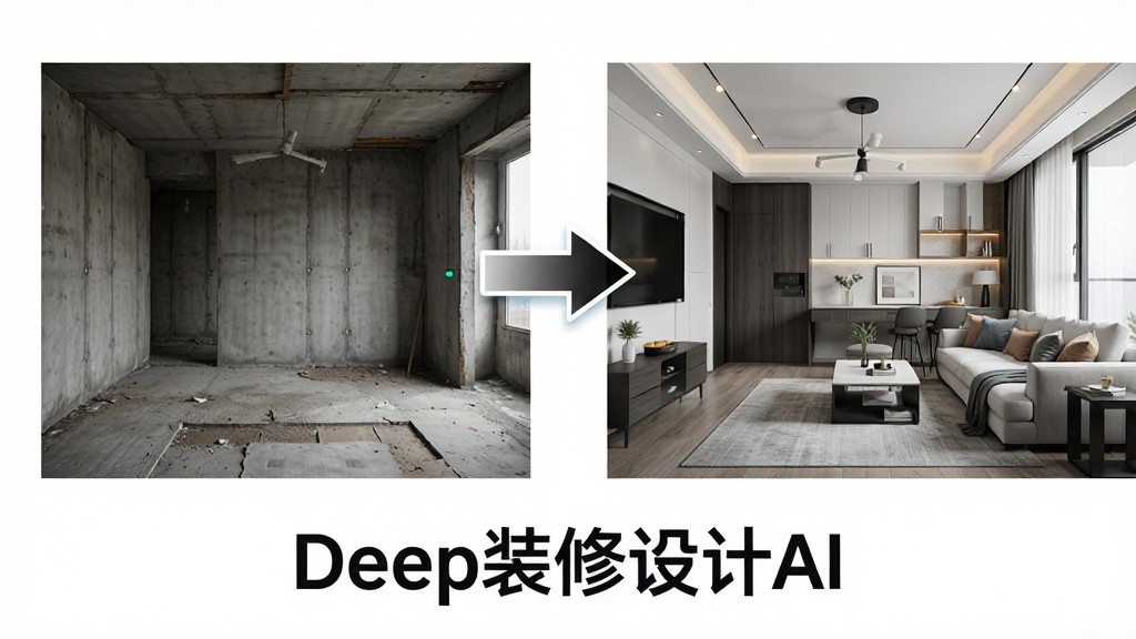 一张展示Deep装修设计AI一键生成效果图功能的图片,画面左侧是一张普通毛坯房照片,右侧是经过AI处理后生成的精装修效果图,中间有一个箭头连接,画面下方有“Deep装修设计AI”的文字标识,背景是简洁的白色,整体布局左右对比清晰,风格科技感十足,细节精致,画质干净无多余元素