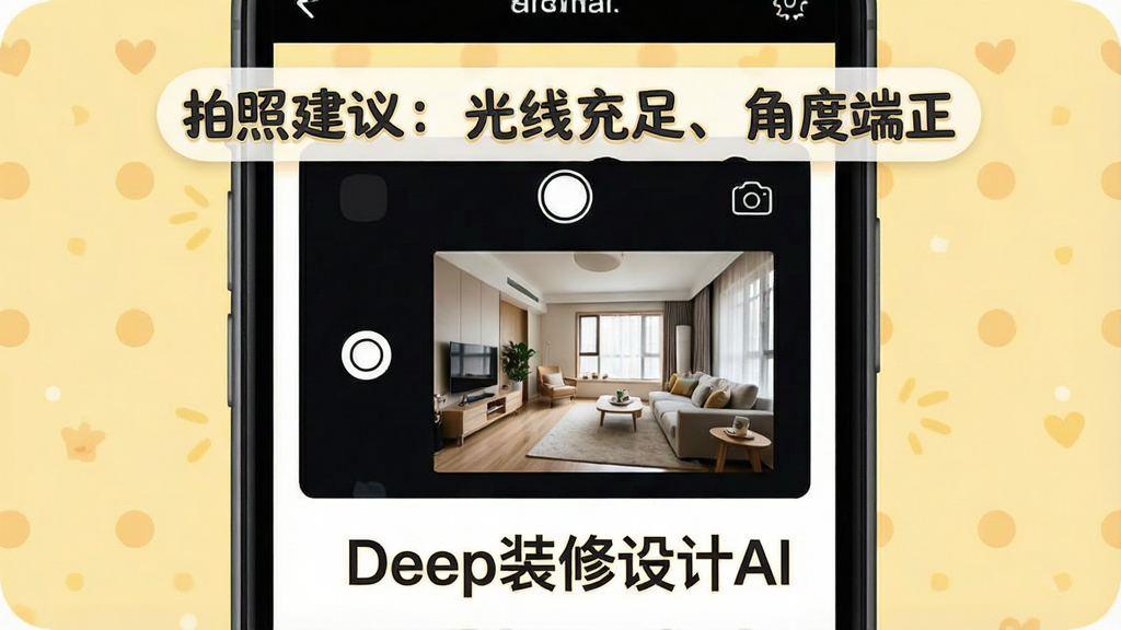 一张展示Deep装修设计AI新手操作要点的图片,画面中手机屏幕显示软件界面,屏幕上方有“拍照建议:光线充足、角度端正”的文字提示,中间是相机图标和房间照片示例,下方有“Deep装修设计AI”的文字标识,背景是浅黄色,整体布局突出提示信息,风格友好温馨,细节清晰,画质干净无多余元素