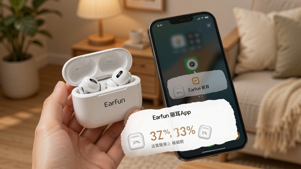 一张展示EarFun丽耳App弹窗连接功能的图片,画面中一只手正打开白色的EarFun耳机充电仓盖子,旁边是一部手机,手机屏幕下方自动弹出了一个精致的连接提示卡片,卡片上清晰地显示着耳机和充电仓的精确电量百分比数字。背景是温馨的室内环境,风格写实,细节丰富,画质干净明亮。