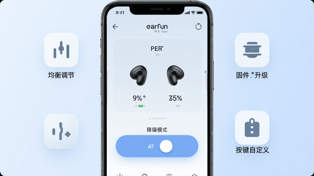 一张展示EarFun丽耳App核心全貌的图片,画面中央是手机屏幕,屏幕上显示着EarFun丽耳App的主界面,界面上清晰地展示着已连接的耳机型号、左右耳电量百分比以及一个醒目的降噪模式切换按钮。手机周围漂浮着几个功能图标,分别代表均衡器调节、固件升级和按键自定义。背景是柔和的浅蓝色渐变,风格简洁现代,画质干净清晰,无多余元素。