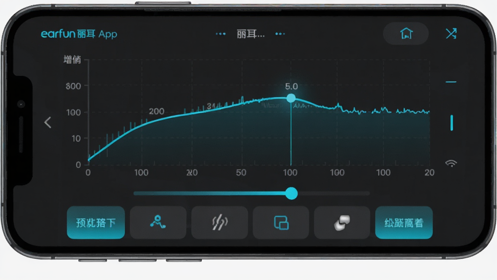一张展示EarFun丽耳App自定义均衡器界面的图片,手机屏幕上显示着一条可拖拽调节的音频曲线,横轴是频率,纵轴是增益,下方有多个预设音效的图标按钮。界面风格简洁专业,以深灰色为主色调,曲线和按钮有荧光蓝色点缀,画质清晰,无多余元素。